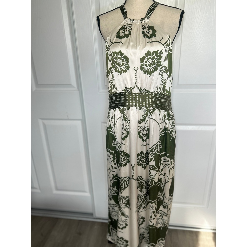 CIEBON Maxi Dress Halter Floral XL Green Cream Smocked Waist Pockets D5771-R2501